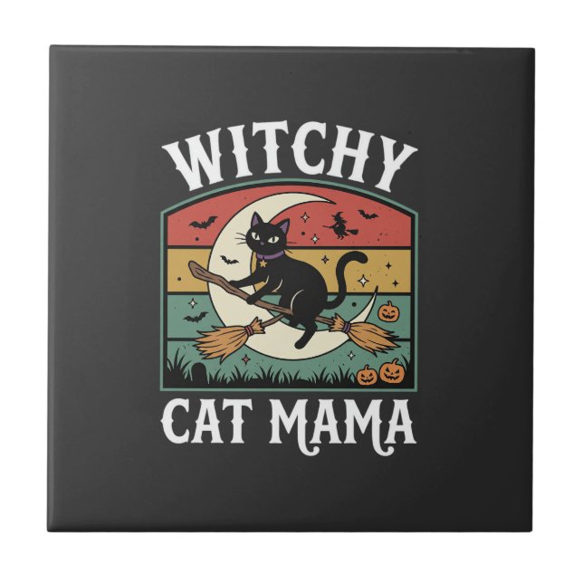 Azulejo Gata de bruja de Halloween Mamá (Frente)