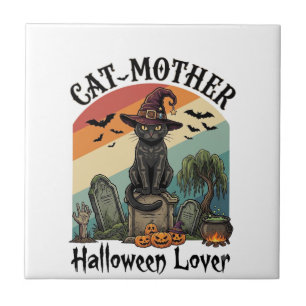 Azulejo Gata Madre Amante de Halloween Sombrero de Bruja N