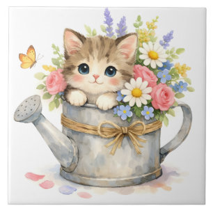 Azulejo Gatito acuarela dentro de regadera con flores