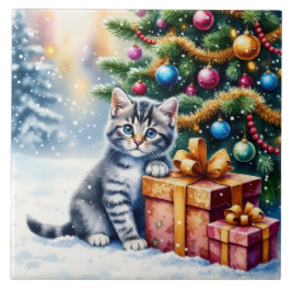 Azulejo Gatito Adorable Bajo el Árbol de Navidad