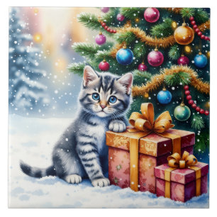 Azulejo Gatito Adorable Bajo el Árbol de Navidad