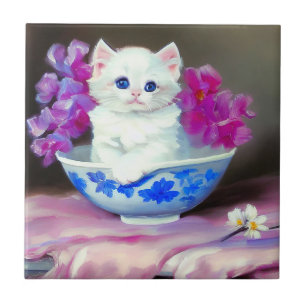 Azulejo Gatito blanco vintage con flores rosas