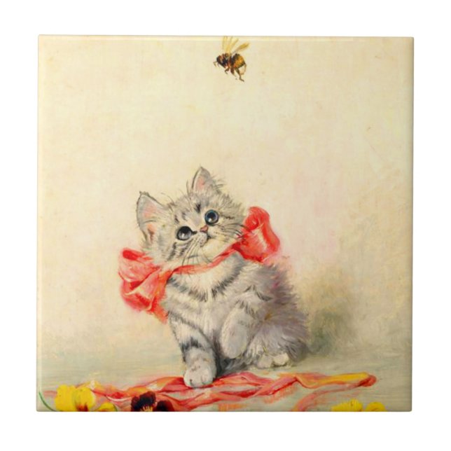 Azulejo Gatito con cinta roja (Frente)