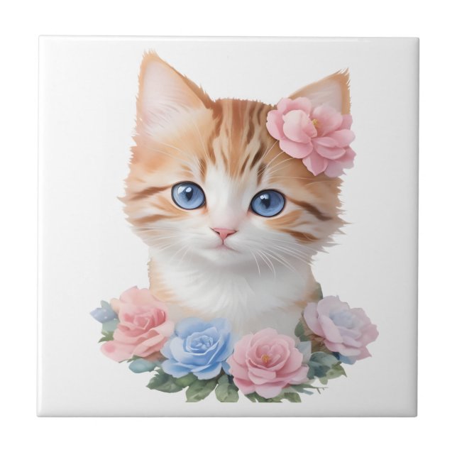 Azulejo Gatito con flores Escala caprichosa (Frente)