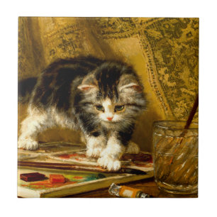 Azulejo Gatito con pintura y brochas