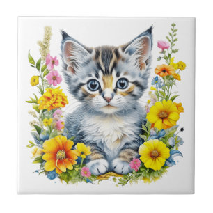 Azulejo Gatito de acuarela en flores amarillas y rosadas 