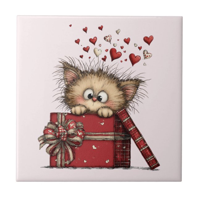 Azulejo Gatito de dibujos animados lindo con corazones (Frente)