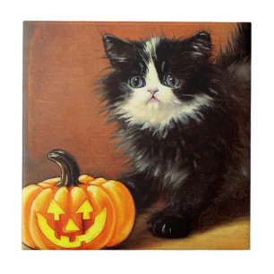 Azulejo Gatito de Halloween blanco y negro vintage