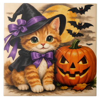 Azulejo Gatito de Halloween naranja con calabaza