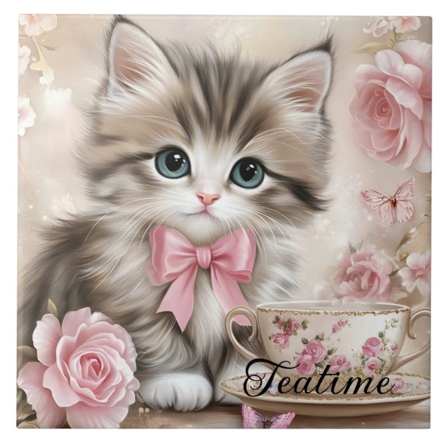 Azulejo Gatito de la hora del té  (Frente)