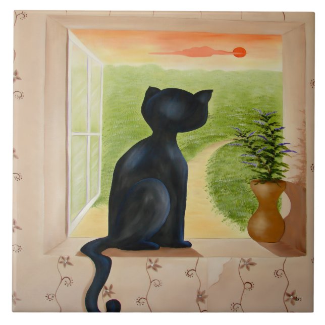 Azulejo Gatito en una ventana (Frente)