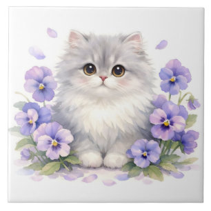 Azulejo Gatito esponjoso de acuarela con flores de pensami