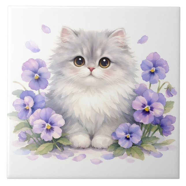 Azulejo Gatito esponjoso de acuarela con flores de pensami (Frente)