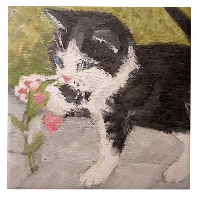 Azulejo Gatito jugando con flor rosa (Frente)