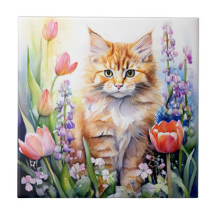 Azulejo Gatito Naranja Acuarela en Jardín de Flores