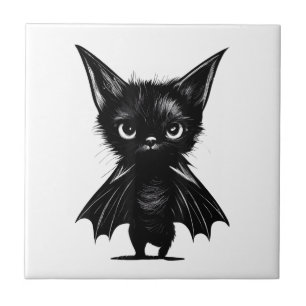 Azulejo Gatito Negro Grumpy De Halloween Con Traje De Bate