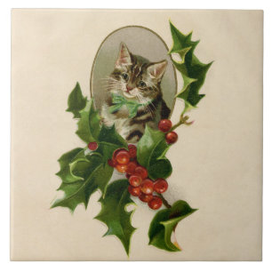 Azulejo Gatito Victoriano de Navidad en Tabby Antiguo con