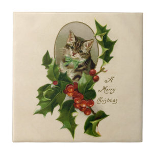 Azulejo Gatito Victoriano de Navidad en Tabby Antiguo de A