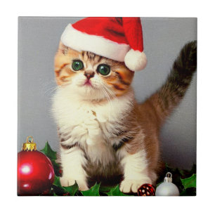 Azulejo Gatito vintage de Navidad en Santa Hat