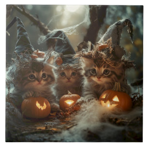 Azulejo Gatitos adorables de Halloween con calabazas