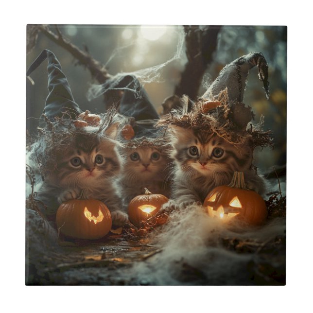 Azulejo Gatitos adorables de Halloween con calabazas (Frente)