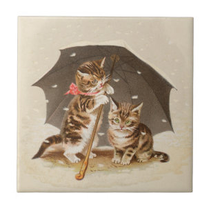 Azulejo Gatitos antiguos bajo paraguas arte de gato antigu