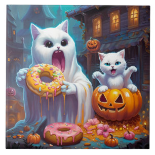 Azulejo Gatitos blancos comen donuts de Halloween