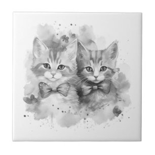 Azulejo Gatitos blancos y negros con lazos y mariposas