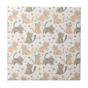 Azulejo Gatitos juguetones y huellas de patas - Patrón de