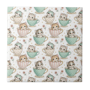 Azulejo Gatitos Lindos en Tazas de Té - Patrón de Diseño d