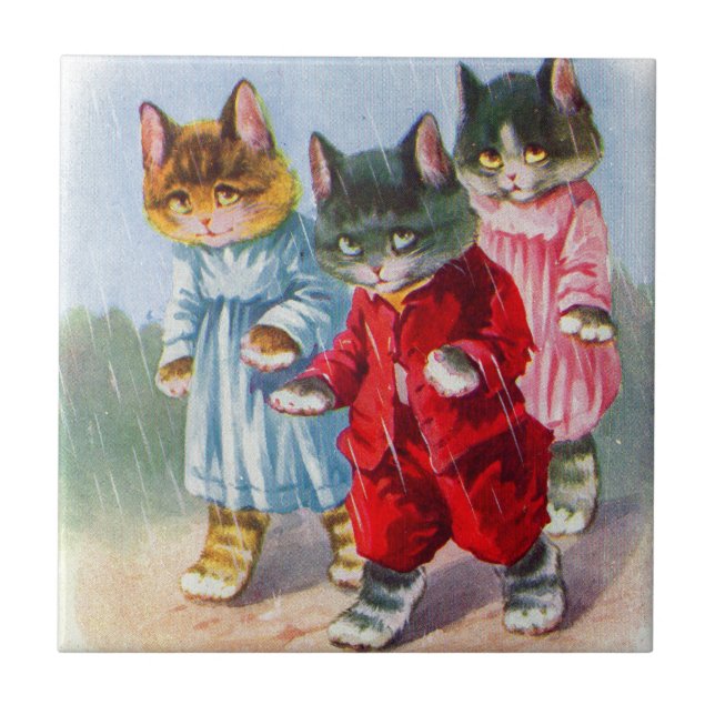 Azulejo Gatitos vestidos en la lluvia de los años 1930 (Frente)