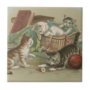 Azulejo Gatitos Victorianos Antiguos Jugando en la Cesta d