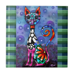 Azulejo Gato abstracto funky de ojos grandes y caprichoso