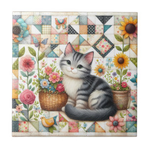 Azulejo Gato Adorable en Colcha Floral Cottagecore