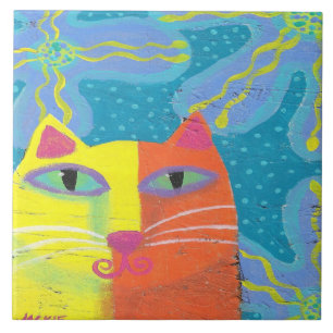 Azulejo Gato Amarillo con Flores Purpura Pintura Abstracta