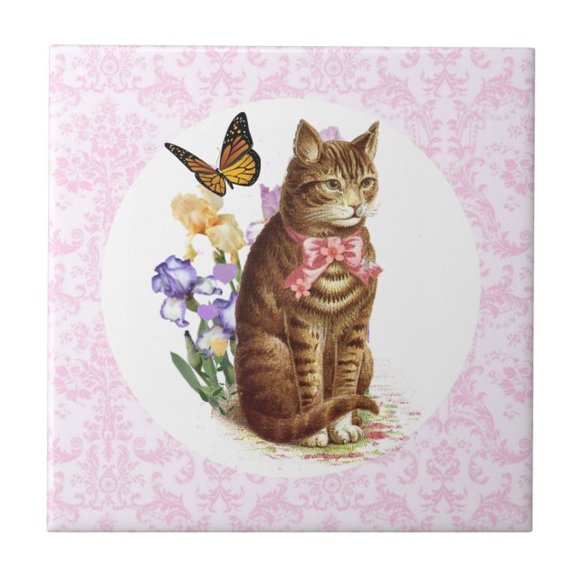 Azulejo Gato Antiguo Flores de Iris y Mariposa (Frente)