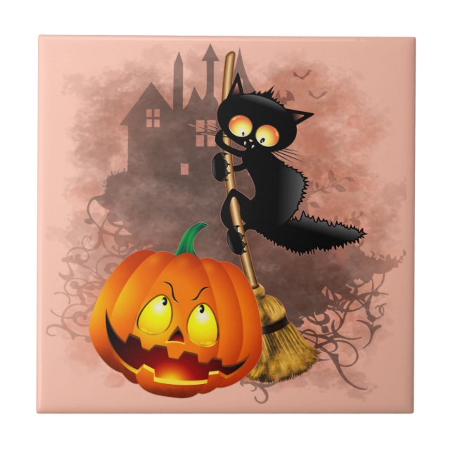 Azulejo Gato asustado por un personaje de Halloween divert (Frente)