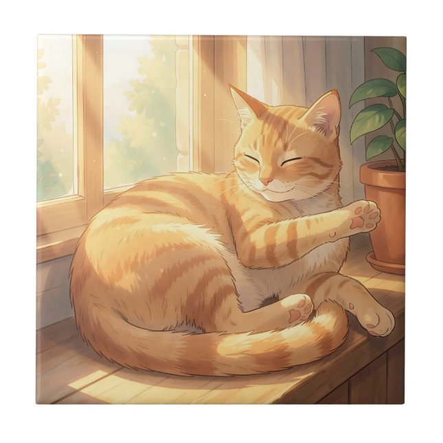 Azulejo Gato Atigrado Gengibre Acogedor Tomando el Sol  (Frente)