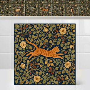 Azulejo Gato atigrado naranja de William Morris saltando s