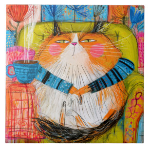 Azulejo Gato atigrado naranja engreído bebiendo café