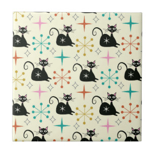 Azulejo Gato atómico negro de mediados del siglo con estal