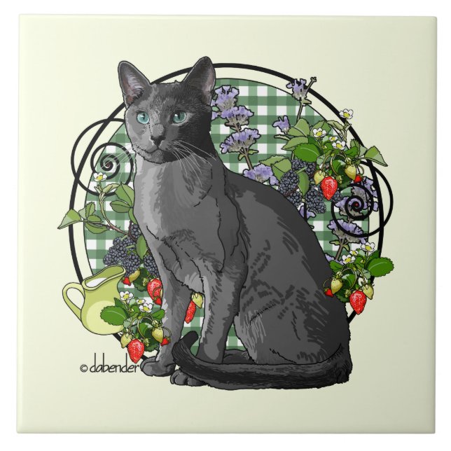 Azulejo Gato azul ruso con las bayas (Frente)