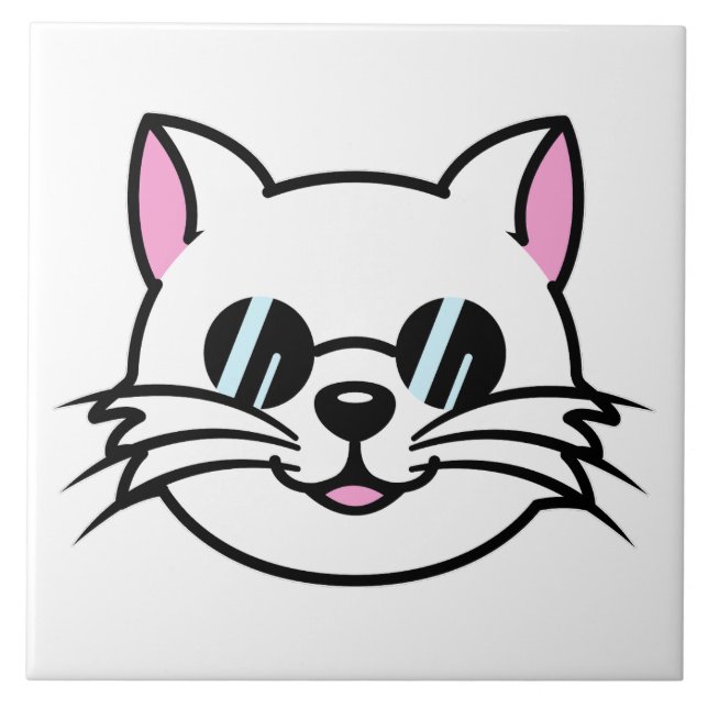 Azulejo Gato blanco con gafas negras / gafas de sol (Frente)
