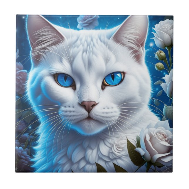 Azulejo Gato blanco con ojos azules brillantes florales (Frente)
