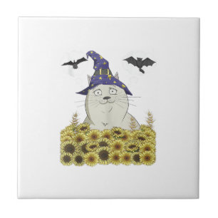 Azulejo Gato Blanco Divertido con Sombrero de Bruja Vintag