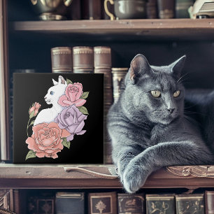 Azulejo Gato Blanco Floral Pastel Botánico Romántico Negro