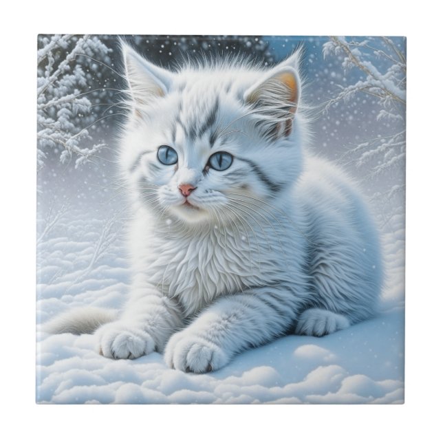 Azulejo Gato blanco lindo jugando en la nieve (Frente)