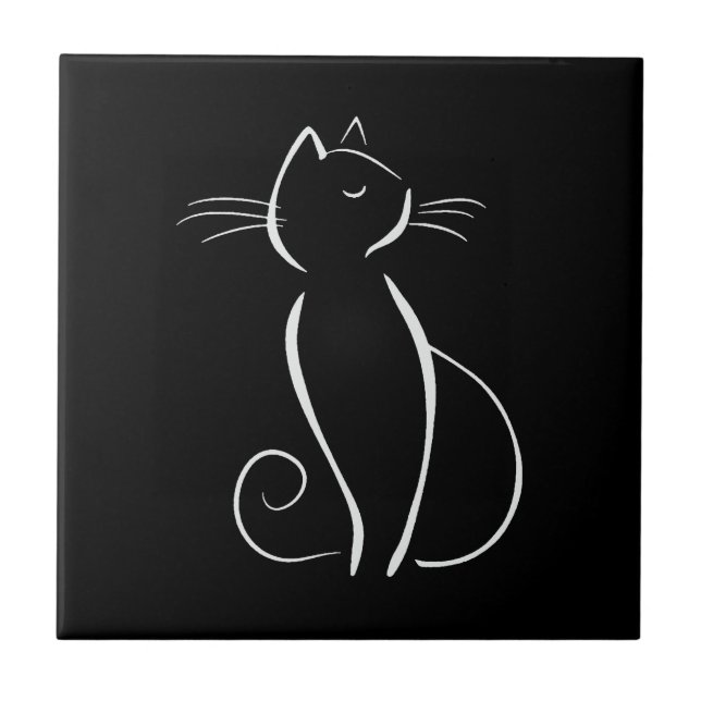 Azulejo Gato blanco minimalista en negro (Frente)