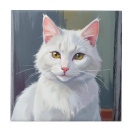 Azulejo Gato Blanco | Pintura de Mascota de Gato en Acuare
