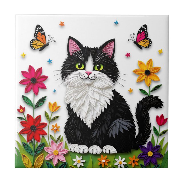 Azulejo Gato blanco y negro lindo, flores y mariposas (Frente)